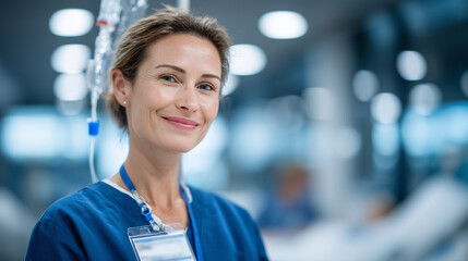 Focused nurse with ID badge monitoring IV infusion rate in clinical setting, sterile atmosphere and reflective surfaces enhancing realism