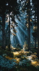 Fototapeta premium Peaceful misty forest with sunbeam light ray through tall green tree