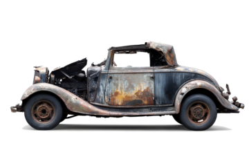 A vintage rusty abandoned car with a tattered roof against a white background