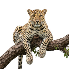 Fototapeta premium Majestic leopard lounging gracefully on a tree branch, its intense gaze capturing the wild beauty and power of nature's apex predator with a transparent background