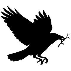 Silhouette of Raven in Flight Carrying a Twig Symbolic of Intelligence Resourcefulness and Connection to Nature with a Minimalist Aesthetic Suitable for Various Design Projects