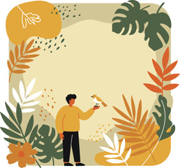 Autumn Nature Illustration with Person Holding Bird and Tropical Leaves Fram