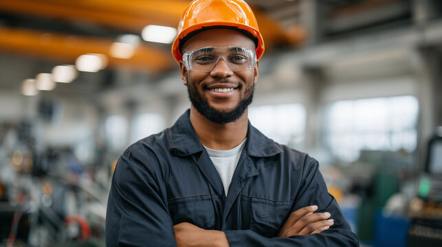 Confident construction worker wearing an orange hard hat and safety glasses standing amidst vibrant electrical cables, proud expression under warm industrial lighting, symbolizing