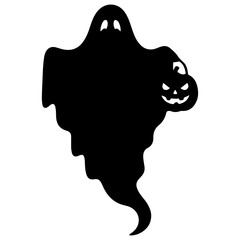 Spooky Halloween Ghost Silhouette Holding a Jack O Lantern with White Background for Party Decorations and Invitations with Traditional Holiday Elements