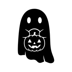 Spooky Halloween Silhouette of Ghost Holding a Jack O Lantern with Triangle Eyes and Ghoulish Mouth Black and White Festive Design