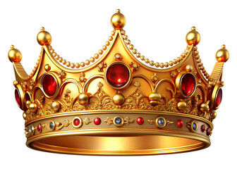 Ornate golden royal crown adorned with precious red gemstones and intricate detailing against a dark background