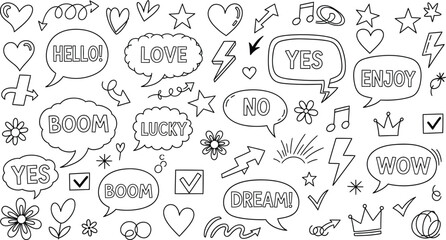 Doodle Art Elements Set with Speech Bubbles, Hearts, Stars, and Arrows on White