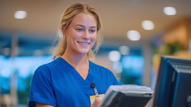 Registered nurse in blue scrubs attentively reviewing patient charts on a glowing computer monitor at a modern nursing station, soft hospital lighting and clean clinical atmosphere - Powered by Adobe