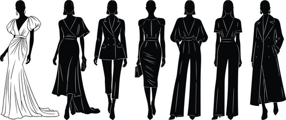 Fashion silhouette collection of stylish women in dresses, jumpsuits, and coats for vector illustration, design, and apparel inspiration