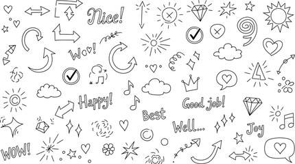 Fototapeta premium Doodle Elements Line Art Collection of Arrows, Hearts, Clouds, Stars on White