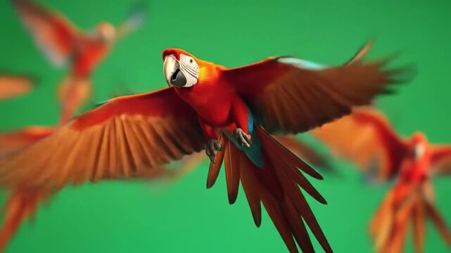 Scarlet macaws soaring in flight against green background
