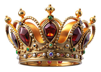 Ornate golden royal crown adorned with deep red jewels and emerald accents on black background