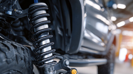 Fototapeta premium Detailed macro shot of rear spring suspension and shock absorber assembly on a contemporary vehicle, clean mechanical textures and reflective surfaces