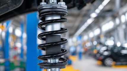 Close-up of automotive rear shock absorber integrated with coil spring, metallic surfaces and bolts reflecting precise manufacturing