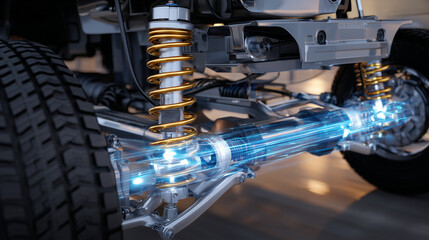 Fototapeta premium Detailed side view of rear suspension system with spring and shock absorber mounted on modern vehicle chassis, reflective metal textures and realistic lighting