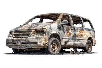 Burnt out minivan vehicle abandoned and destroyed on white background