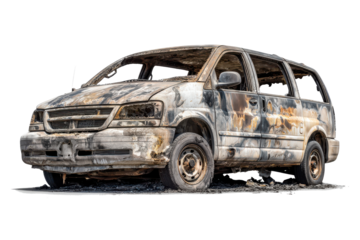 Burnt out minivan vehicle abandoned and destroyed on white background
