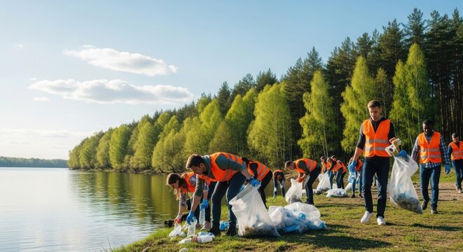 Volunteers collecting trash by the lake in bright vests