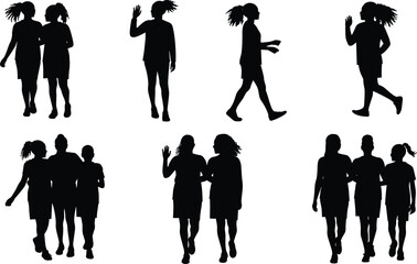 People silhouettes walking, standing, waving, group interaction, social behavior, casual posture, movement study, lifestyle design, urban scene, body language