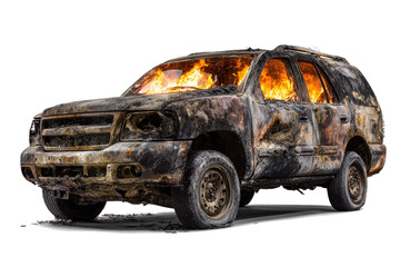 Burning suv vehicle with flames visible through windows on white background