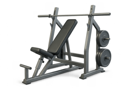 Bench press rack with barbell and weights for fitness training