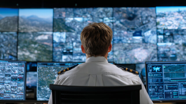 Military and intelligence operative reviewing satellite imagery and live drone feeds on large wall of monitors, modern control room filled with holographic displays