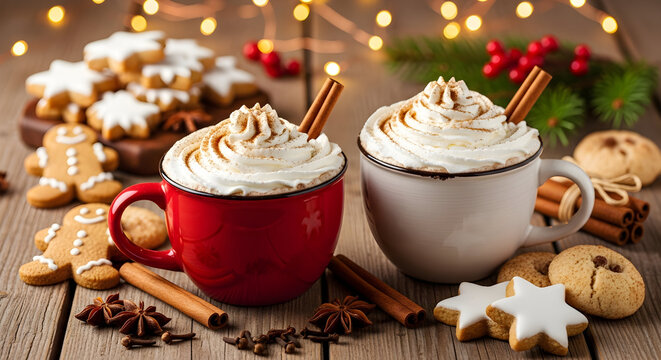 Cozy hot chocolate duo with whipped cream, marshmallows and gingerbread cookies on rustic wooden table with holiday bokeh lights