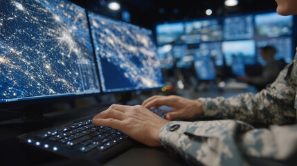 Close-up of agentâs hands typing on illuminated keyboard, screens filled with encrypted data streams, futuristic military command center environment