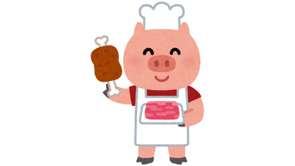 Cute cartoon pig butcher holding meat tray and kebab skewer