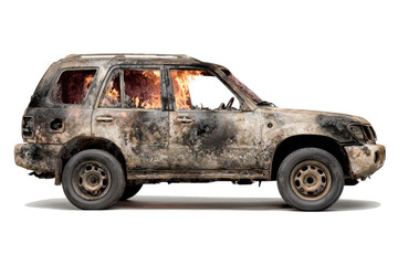 Burned out suv vehicle with flames visible inside against a white background