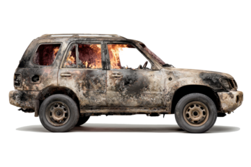 Burned out suv vehicle with flames visible inside against a white background
