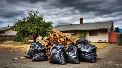 pile of wood and black trash bags in the front yard