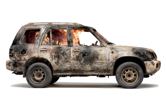Burned out suv vehicle with flames visible inside against a white background