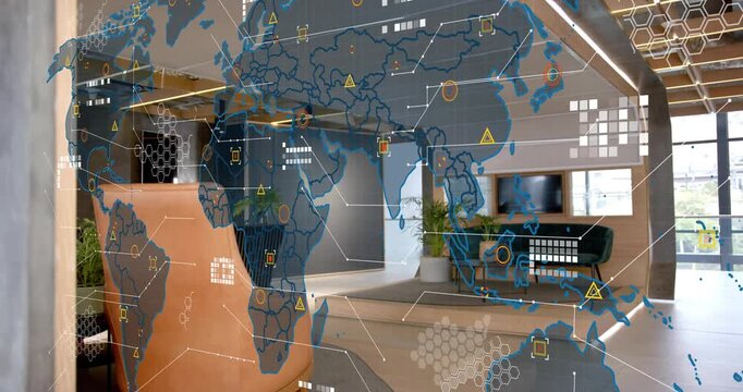 Faint world map outline initiating 3D overlay growing with icons and lines showing data over lounge