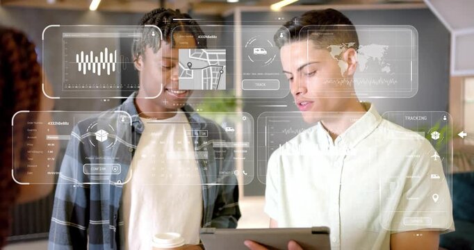 Right man tapping tablet and team reviewing business data with floating chart widget adapting focus