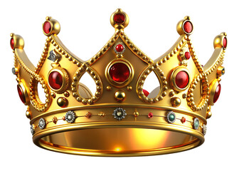 Ornate golden royal crown adorned with red and blue jewels on a black background