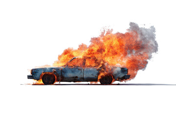 Car engulfed in flames and smoke against a plain background