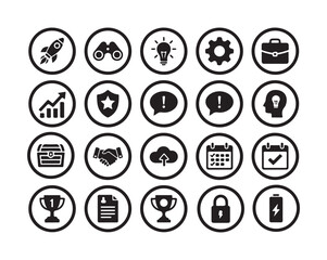 Simple bold vector icons related to start-up company. Symbols such as rocket, binocular and other start-up related items are included in this set.