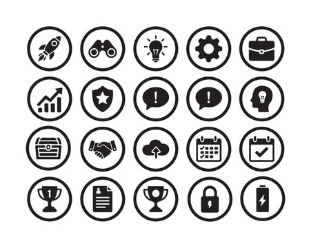 Simple bold vector icons related to start-up company. Symbols such as rocket, binocular and other start-up related items are included in this set.