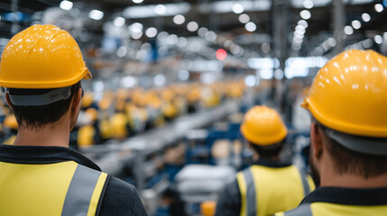 Wide rear view of factory team gathered in workshop for safety discussion, organized lines of workers with helmets, conveyor belts and machinery softly blurred