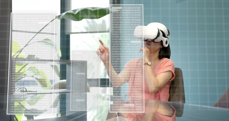 Tech specialist putting on VR headset then tapping midair revealing binary data panels for analysis - Powered by Adobe