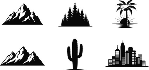 Silhouettes of diverse landscapes—mountains, forests, deserts, tropics, and city skyline—for nature, travel, and environment-themed vector design
