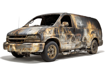 Burnt out van vehicle with charred exterior and broken windows isolated on white background