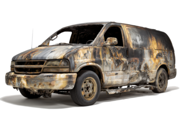 Burnt out van vehicle with charred exterior and broken windows isolated on white background