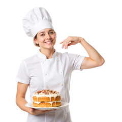 Young female baker smiling while holding a cake in the kitchen  