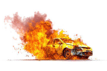 A yellow car engulfed in flames and smoke against a white background