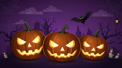 Glowing Jack-o'-Lanterns with Bats and Black Cats – Spooky Halloween Cartoon Illustration Featuring Haunted Landscape, Candles, and Cobwebs for Seasonal and Editorial Use