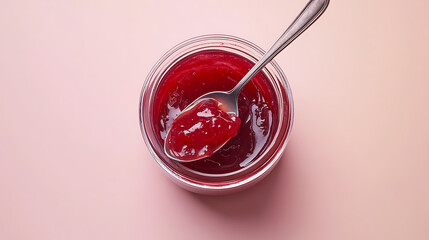 Berry jam in glass jar with spoon on pink background. Shiny and delicious, ideal for breakfast or dessert, representing homemade goodness.