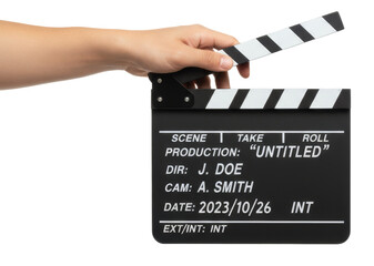 Obraz premium a hand holds a black and white clapperboard used for making movies