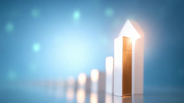 Corporate Ascent: A conceptual rendering of a rising bar graph, culminating in a stylized arrow-shaped form bathed in a bright light, symbolizes growth and progress.